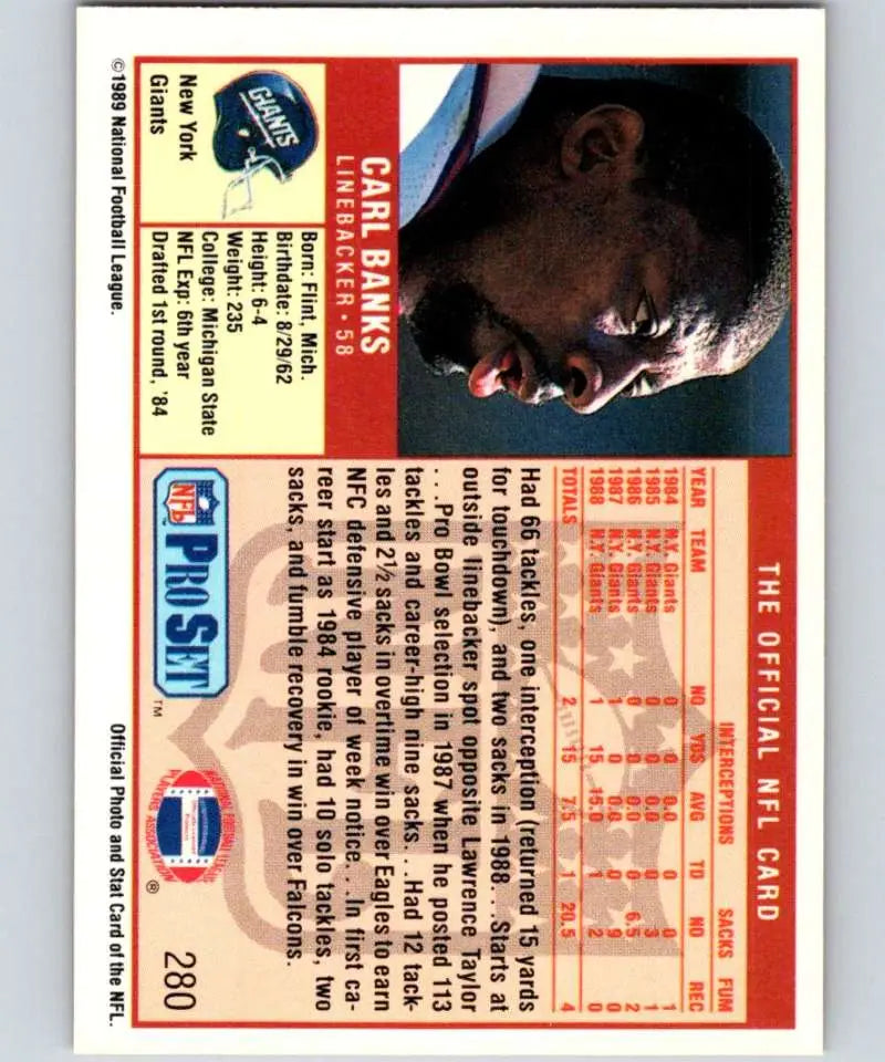 Vintage Pro Set NFL card featuring Carl Banks in profile for New York Giants collectors
