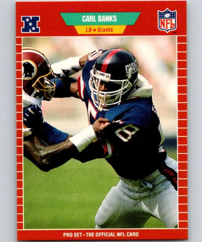 NFL trading card of Carl Banks from Pro Set featuring New York Giants running play