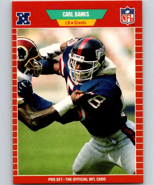 NFL trading card of Carl Banks from Pro Set featuring New York Giants running play