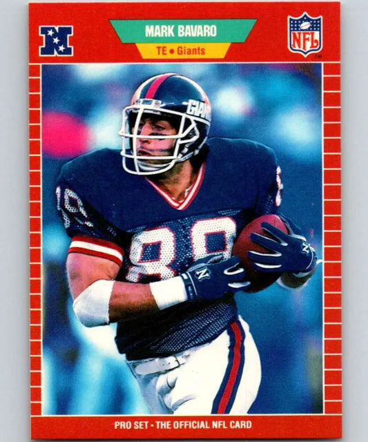 NFL football trading card of Mark Bavaro in navy blue New York Giants uniform