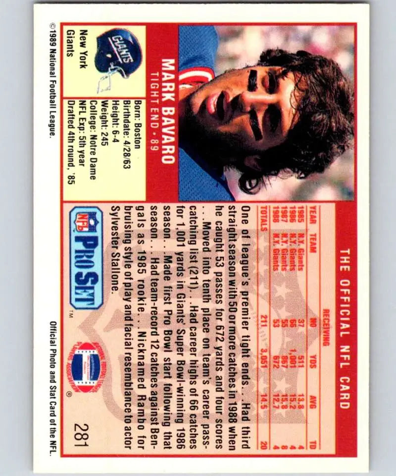 Mark Bavaro 1989 Pro Set New York Giants Football Card in NM-MT condition