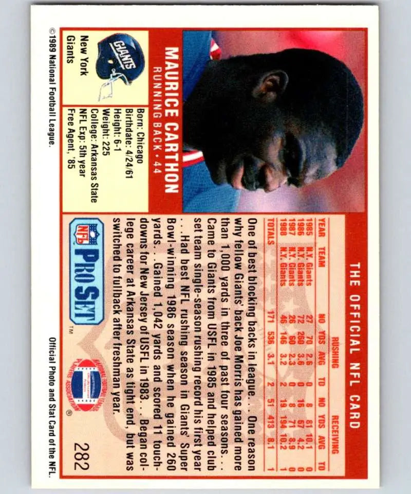 Vintage 1989 Pro Set Maurice Carthon Football Card featuring New York Giants statistics