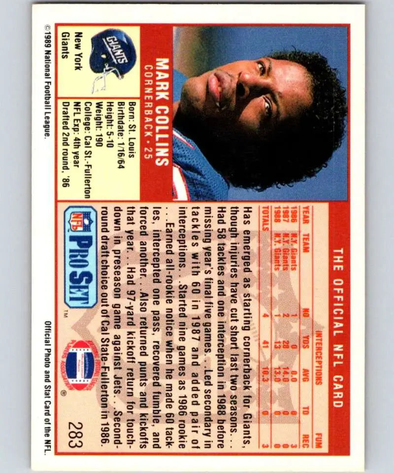 Vintage NFL Pro Set trading card of Mark Collins, New York Giants Football rookie