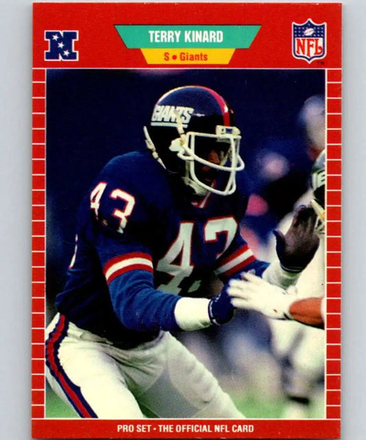 NFL trading card of Terry Kinard in blue jersey for New York Giants Pro Set
