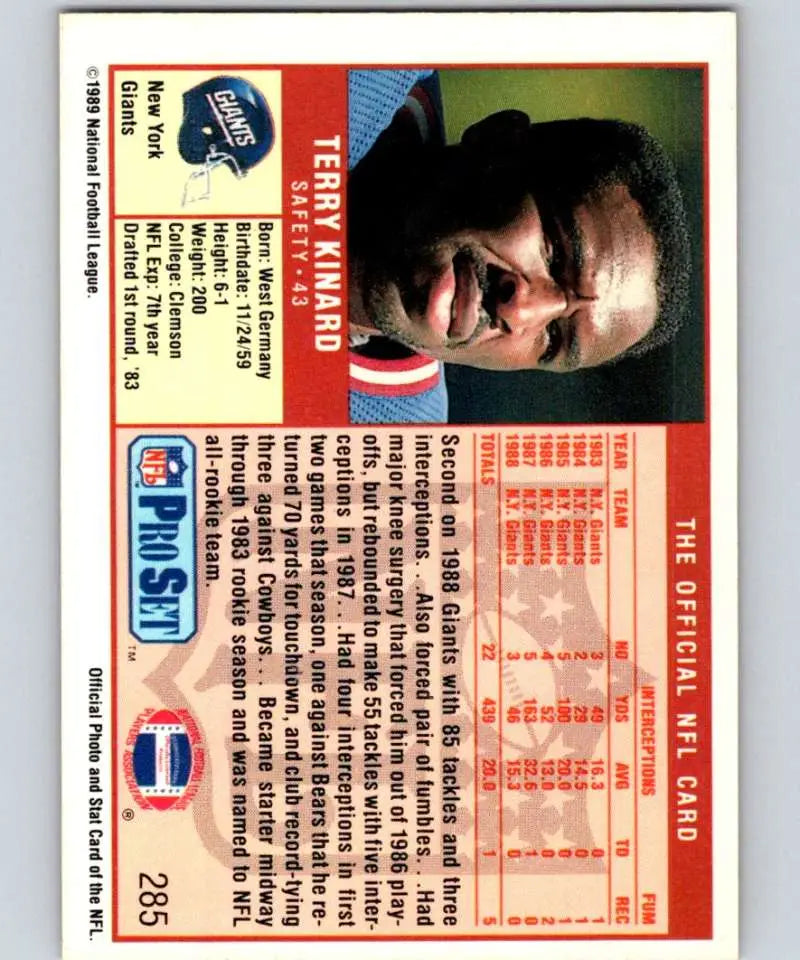 1989 Pro Set Terry Kinard New York Giants Football Card in NM-MT condition