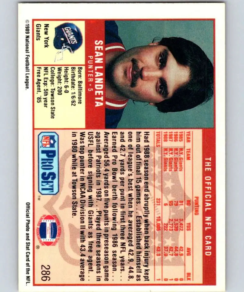 Vintage NFL football card featuring Sean Landeta of the New York Giants with player stats