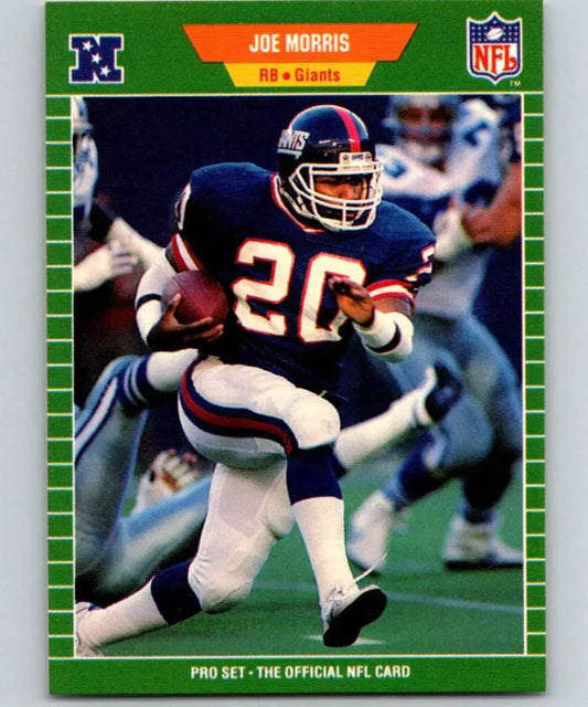 NFL trading card of Joe Morris in a blue York Giants jersey from Pro Set