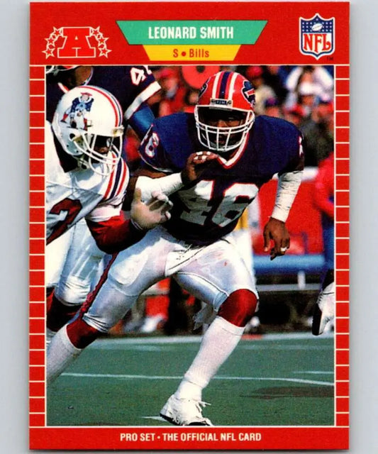 Red-bordered NFL trading card of Leonard Smith in action for Buffalo Bills football