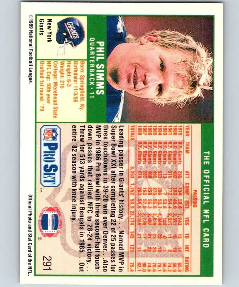 Vintage 1989 football card featuring Phil Simms of the New York Giants with green design