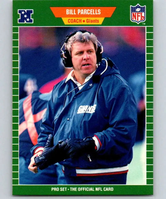 NFL Pro Set rookie card featuring Bill Parcells in New York Giants jacket and headset