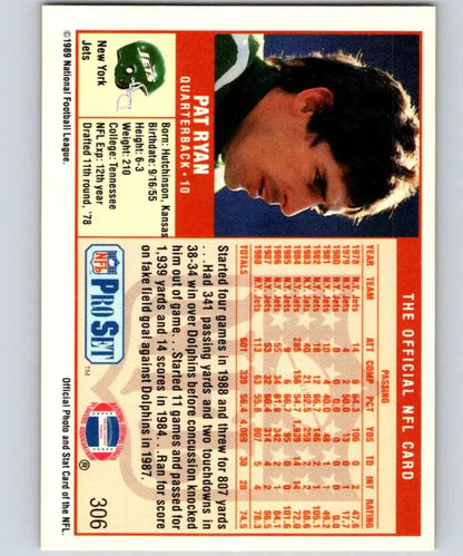 Vintage NFL Pro Set football card of Pat Ryan from the New York Jets featuring stats