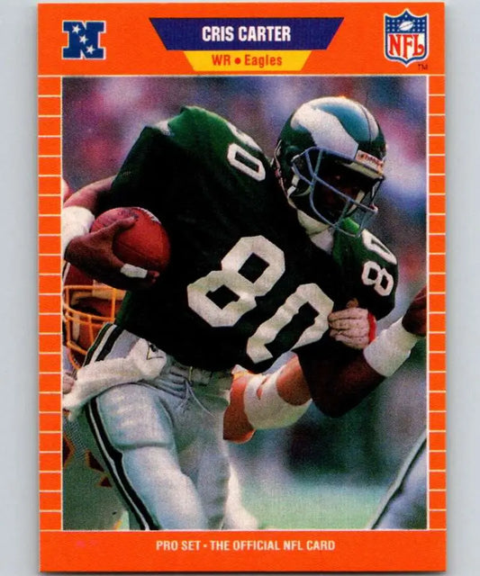 Cris Carter 1989 Pro Set football card featuring Philadelphia Eagles player running with ball