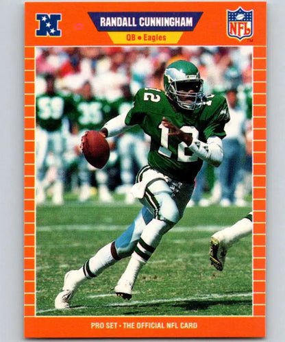 Orange-bordered Pro Set trading card of Randall Cunningham, Philadelphia Eagles #12