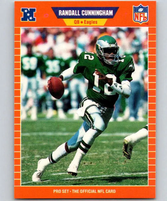 Orange-bordered Pro Set trading card of Randall Cunningham, Philadelphia Eagles #12