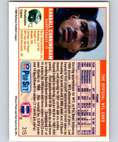 1989 Pro Set #315 Randall Cunningham Football Card with orange border for Philadelphia Eagles
