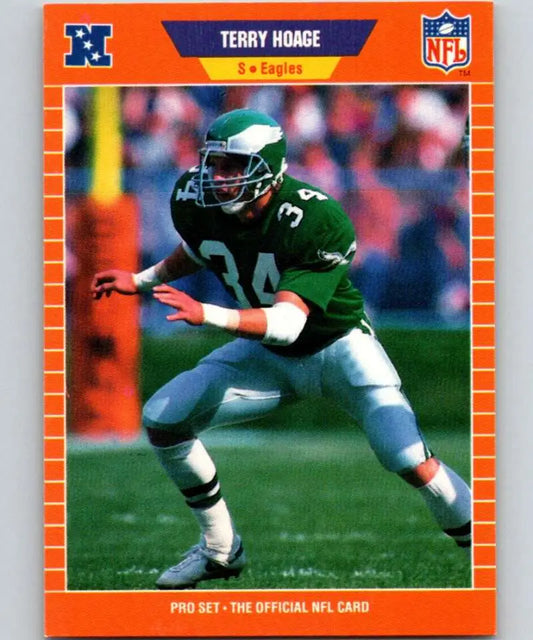 NFL trading card of Terry Hoage in green jersey for Philadelphia Eagles