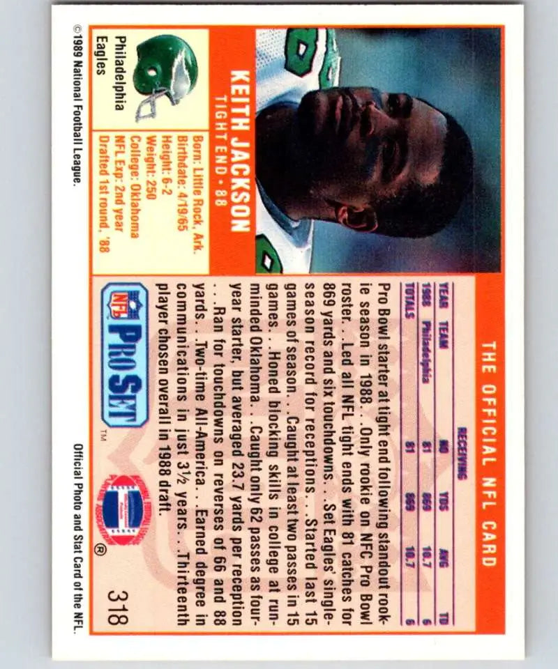 Keith Jackson Philadelphia Eagles football card with a green helmet, Pro Set 1989