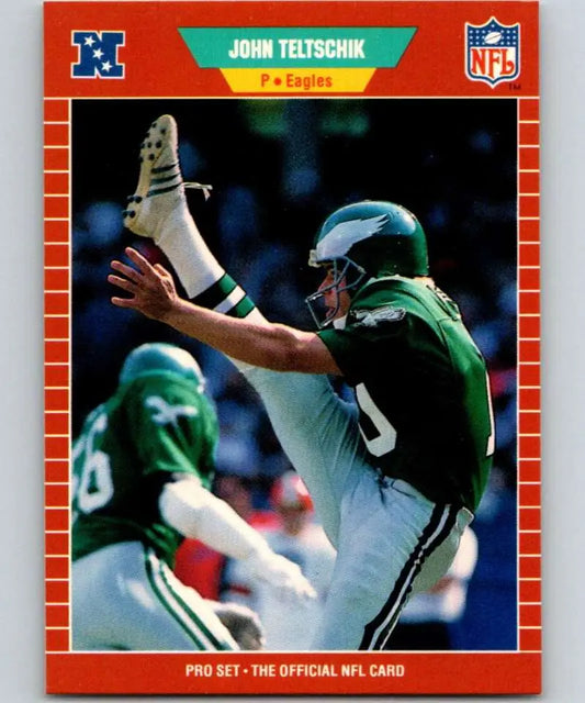 1989 Pro Set #322 John Teltschik Philadelphia Eagles Football Card making a catch in green jersey