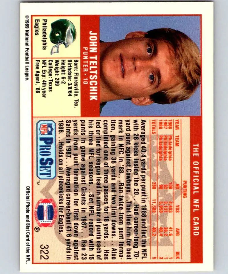 1989 Pro Set #322 John Teltschik Football Card featuring Philadelphia Eagles player
