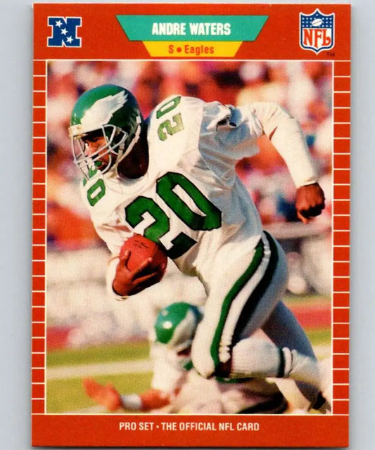 NFL football trading card of Andre Waters in white and green Philadelphia Eagles jersey