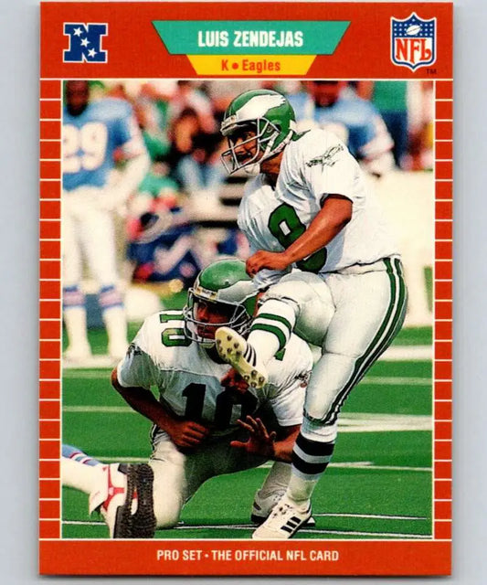 Vintage 1989 Pro Set #326 Luis Zendejas Philadelphia Eagles Football Card with tackle scene