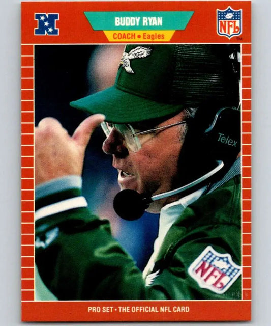 NFL trading card of Buddy Ryan, Philadelphia Eagles coach in green cap and headset