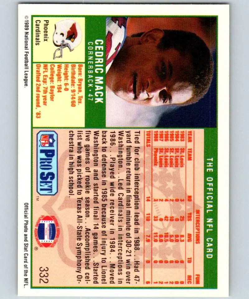 Vintage 1989 Pro Set #332 Cedric Mack Football Card for Phoenix Cardinals collectors