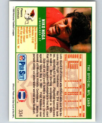 Vintage 1989 Pro Set Niko Noga Football Card with red and green design for Phoenix Cardinals