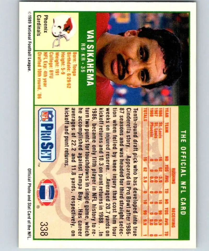 1989 Pro Set Vai Sikahema Football Card featuring Phoenix Cardinals design elements