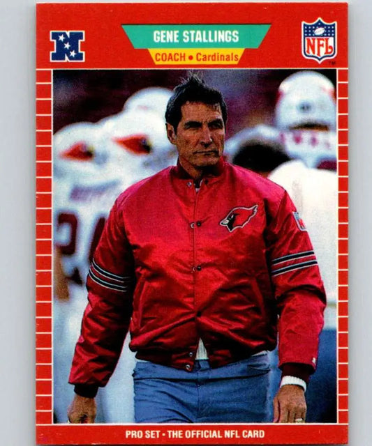 Red NFL Cardinals coaching jacket with striped sleeve bands for Gene Stallings Pro Set