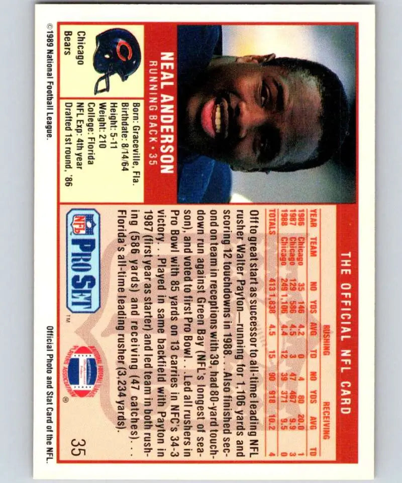 Vintage 1989 Pro Set #35 Neal Anderson Chicago Bears Football Trading Card in NM-MT condition