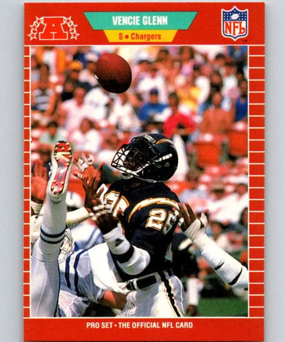 Red-bordered NFL football card of Vencie Glenn catching a pass, 1989 Pro Set #359