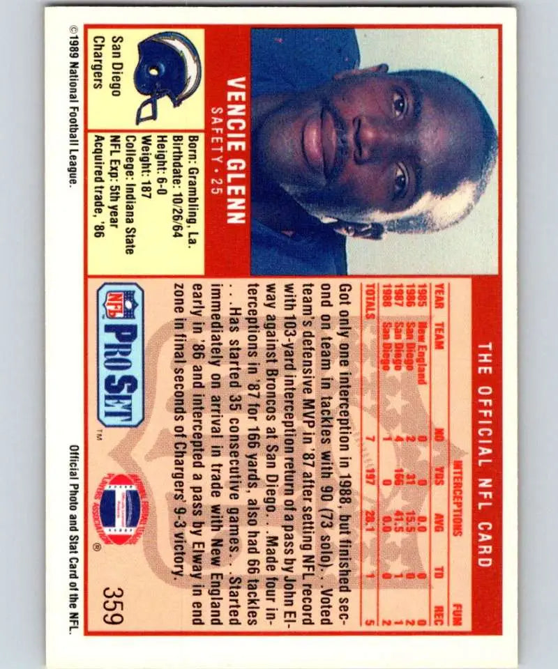 Vintage Pro Set football card of Vencie Glenn from the 1989 San Diego Chargers