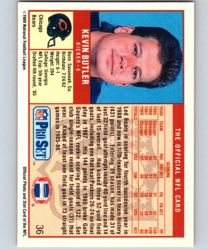 1989 Pro Set #36 Kevin Butler Football Card for Chicago Bears collectors and fans