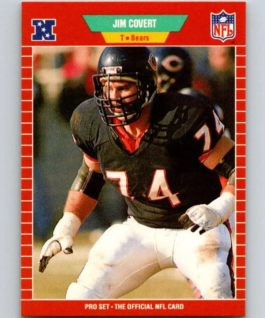 NFL trading card of Jim Covert, Chicago Bears, with number 74 in black jersey, Pro Set