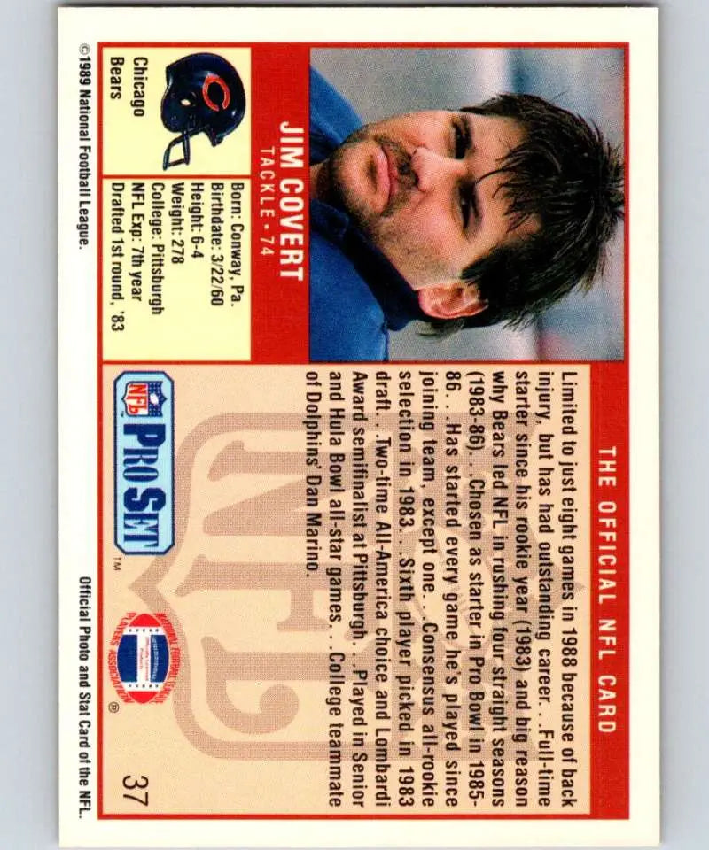 Vintage NFL Pro Set Jim Covert Chicago Bears football card on blue background