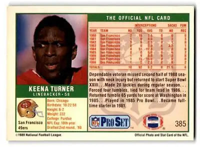 Keena Turner 1989 Pro Set #385 trading card showcasing the football legend