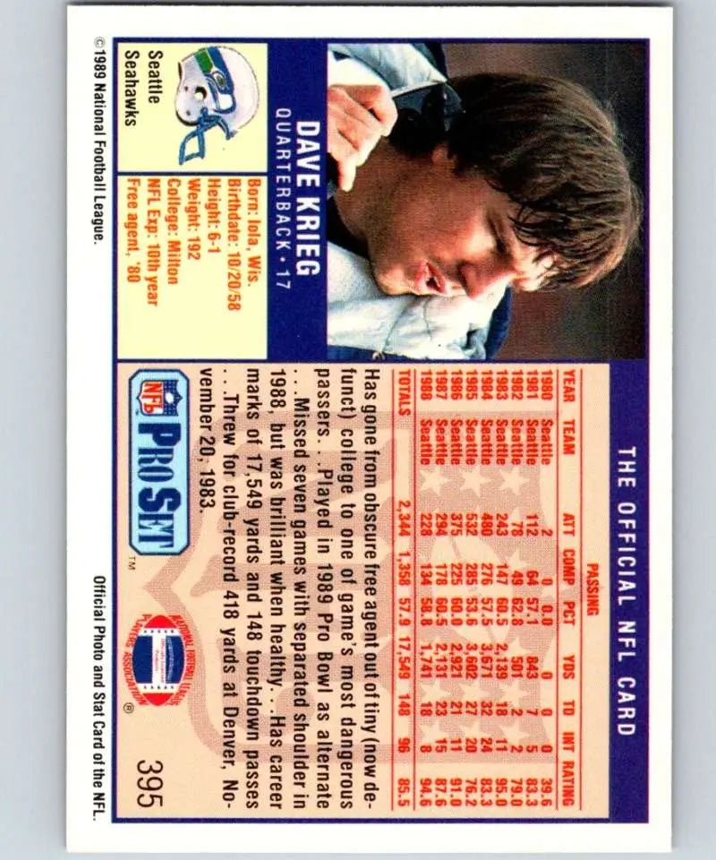 NFL Pro Set 1989 Football Card featuring Dave Krieg of the Seattle Seahawks with stats