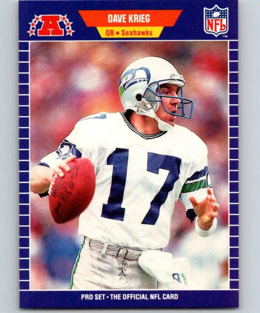NFL football card of Dave Krieg, Seattle Seahawks quarterback in white jersey number 17