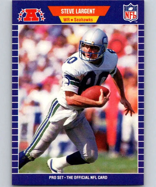 NFL trading card of Steve Largent in white uniform from 1989 Pro Set Seattle Seahawks