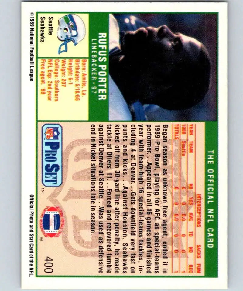 Rufus Porter silhouette on 1989 Pro Set Seattle Seahawks Football Card against dark backdrop