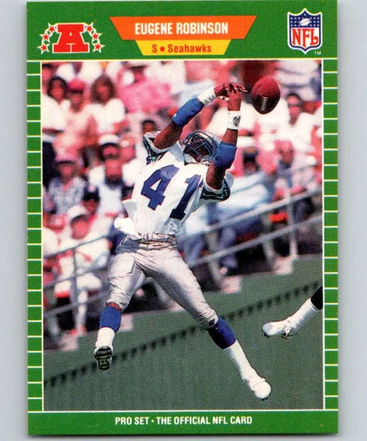 Eugene Robinson leaping catch in blue uniform on 1989 Seattle Seahawks football card