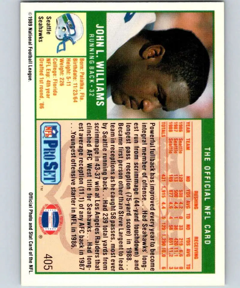 Vintage 1989 Pro Set John Williams Seattle Seahawks football card in NM-MT condition