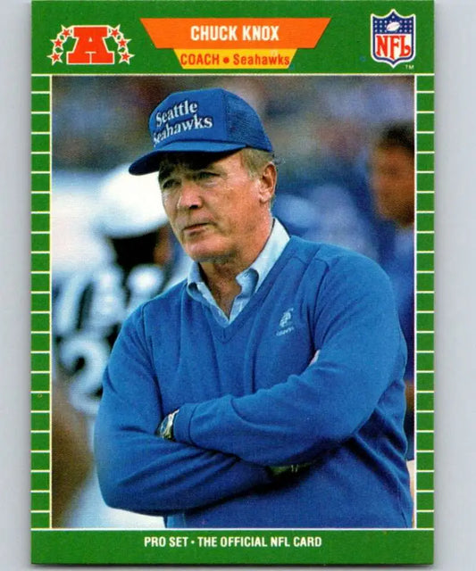 NFL trading card of Chuck Knox in a blue sweater and Seahawks cap, Seattle Seahawks Football