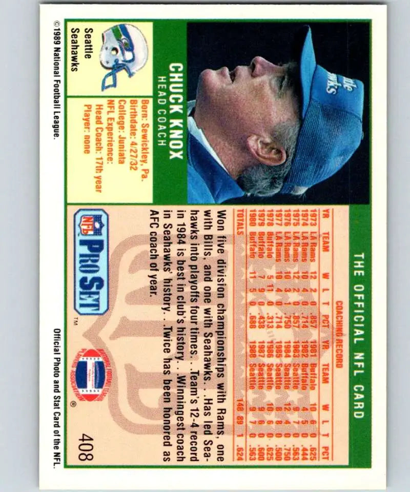 Vintage 1989 Pro Set Chuck Knox Seattle Seahawks Football Card with blue Blue Jays cap