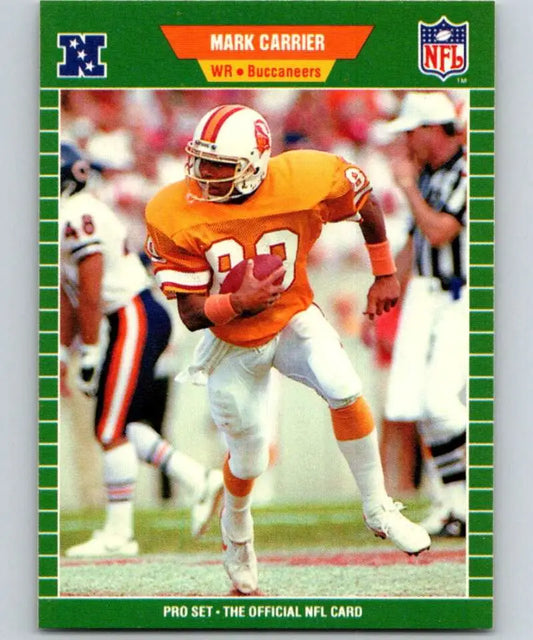 Football trading card of Mark Carrier, Tampa Bay Buccaneers player in orange jersey #83