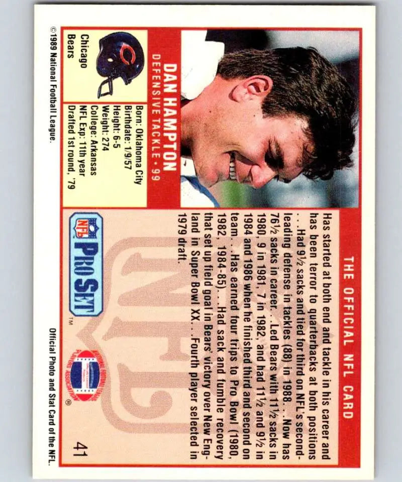 Back of the 1989 Pro Set Dan Hampton Football Card with stats and biography