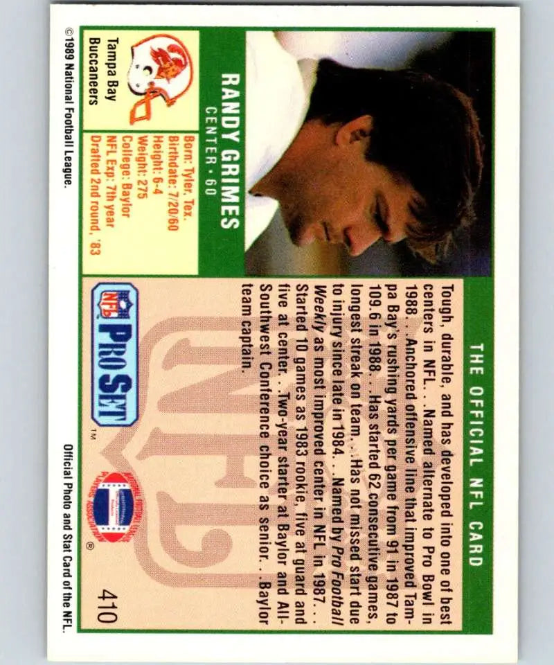 Baseball trading card of Baltimore Orioles player in 1989 Pro Set Randy Grimes Football Card