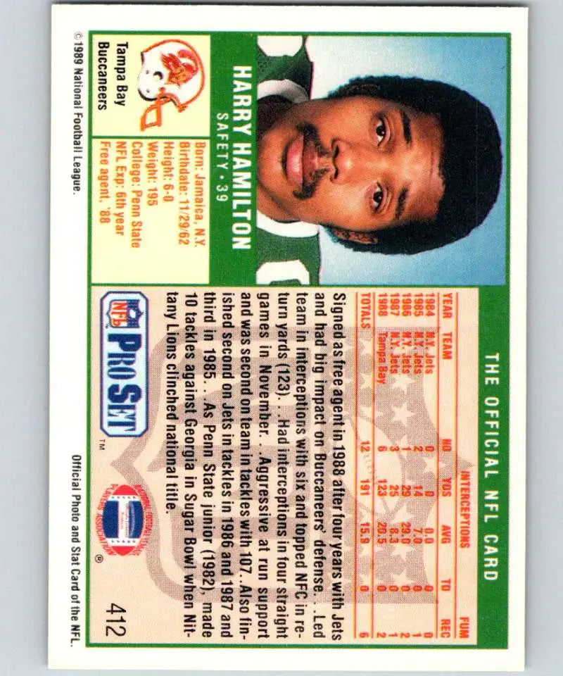 Vintage 1989 Pro Set Harry Hamilton Tampa Bay Buccaneers Football Card with stats