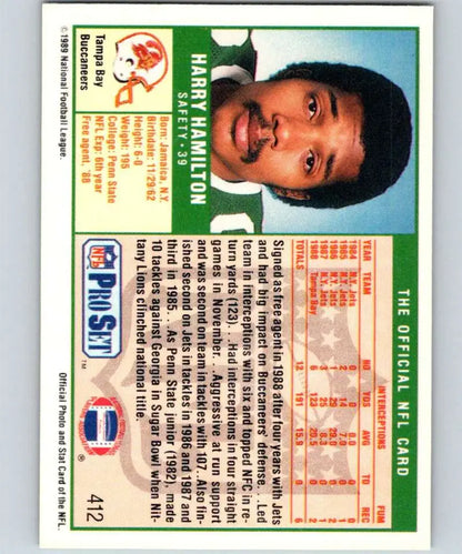 Vintage 1989 Pro Set Harry Hamilton Tampa Bay Buccaneers Football Card with stats